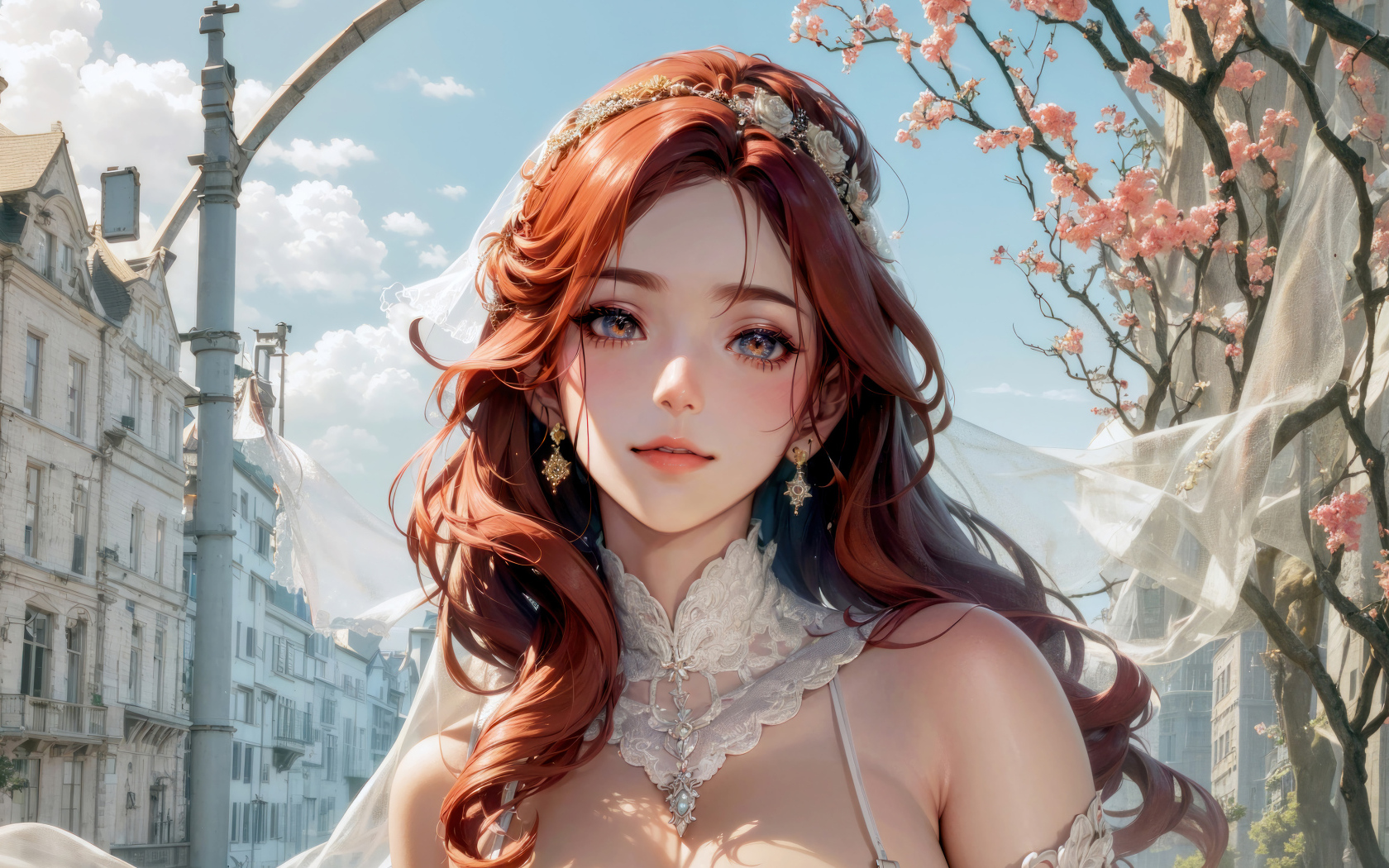 Рыжеволосая девушка аниме в свадебном платье