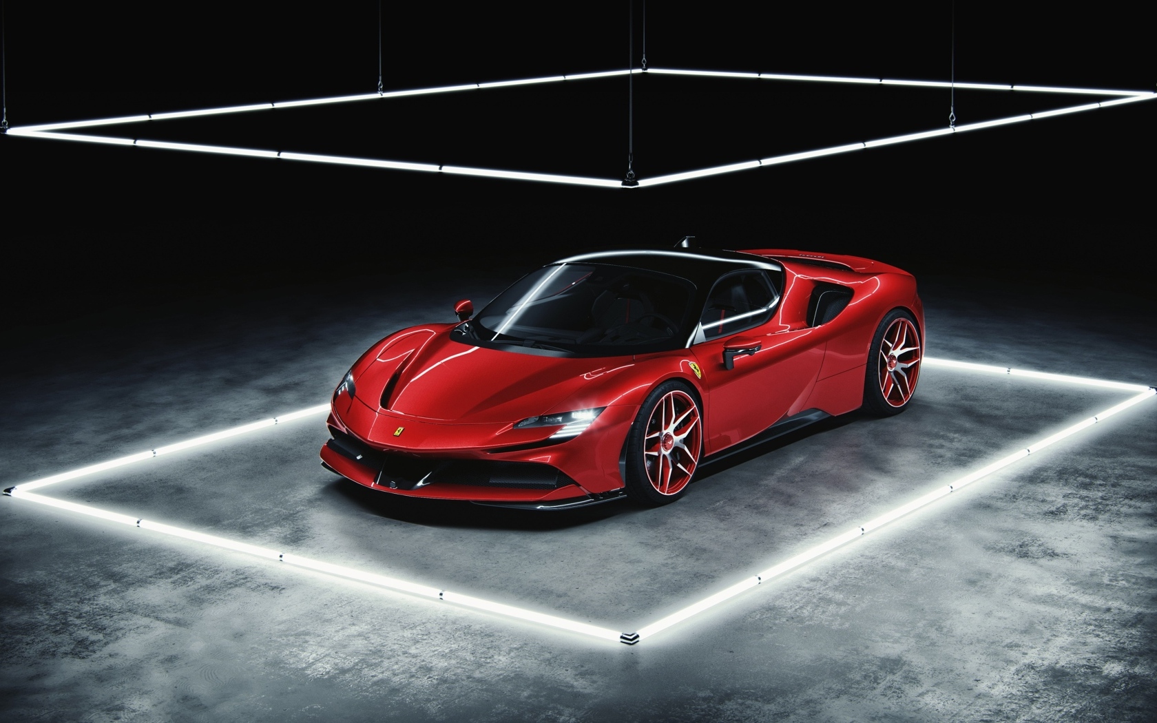 Красный автомобиль Ferrari SF90 Stradale в комнате