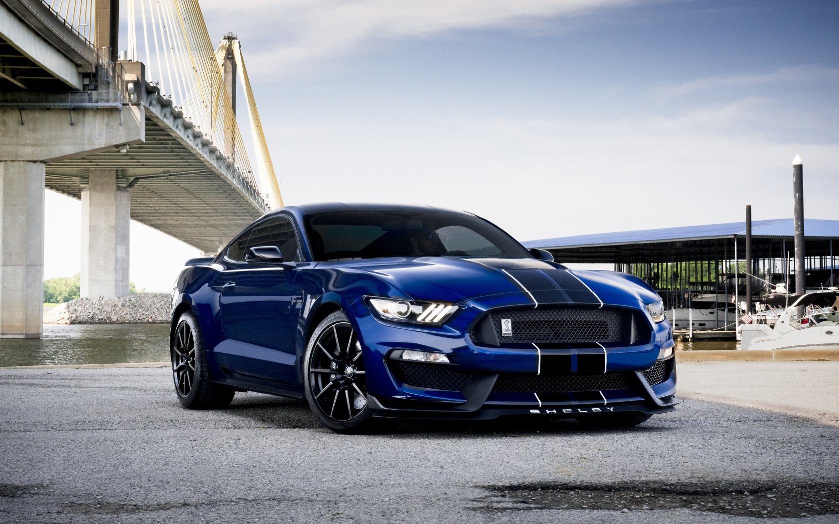 Автомобиль Ford Shelby GT350 у моста