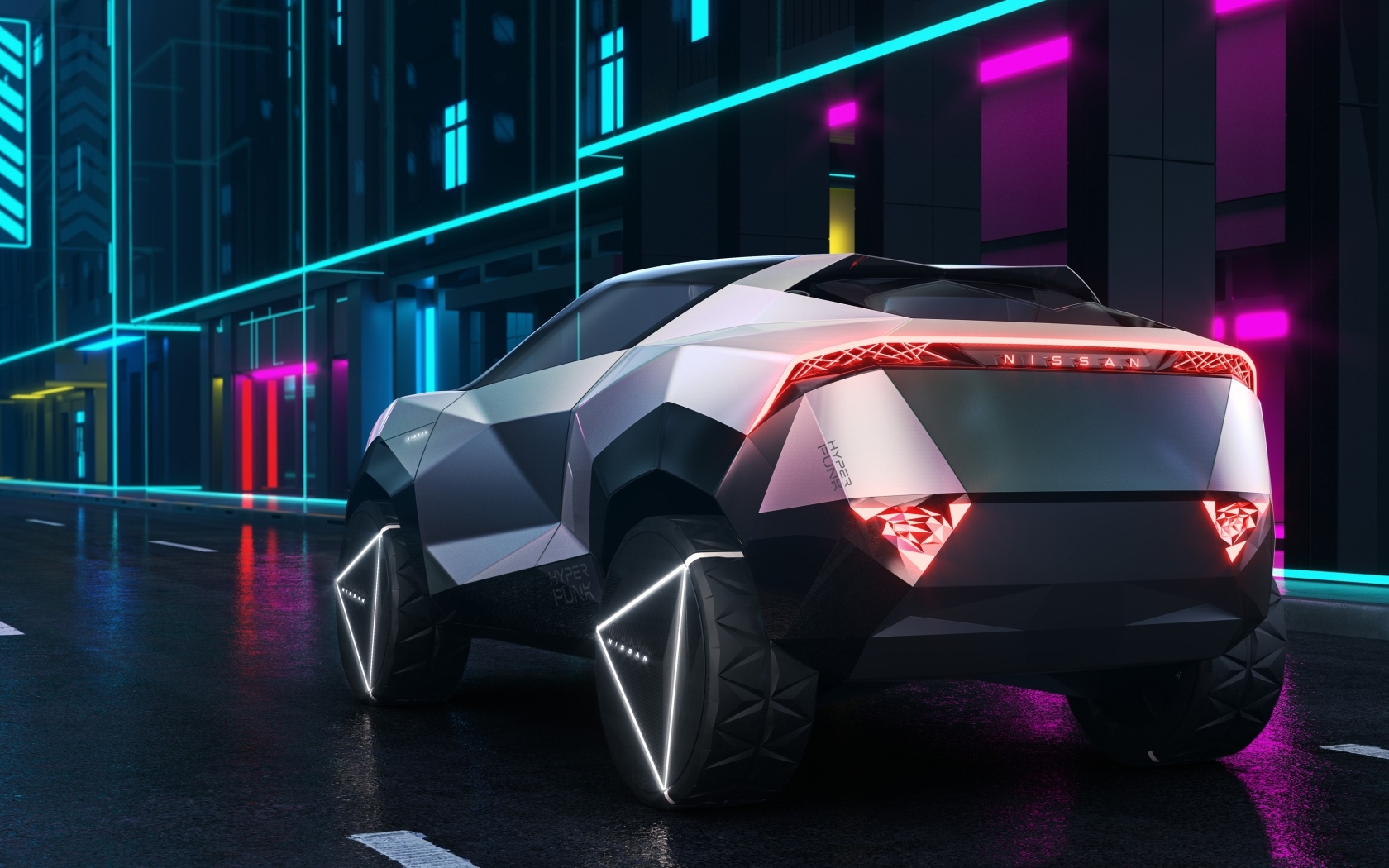 Вид сзади на футуристический автомобиль Nissan Hyper Punk