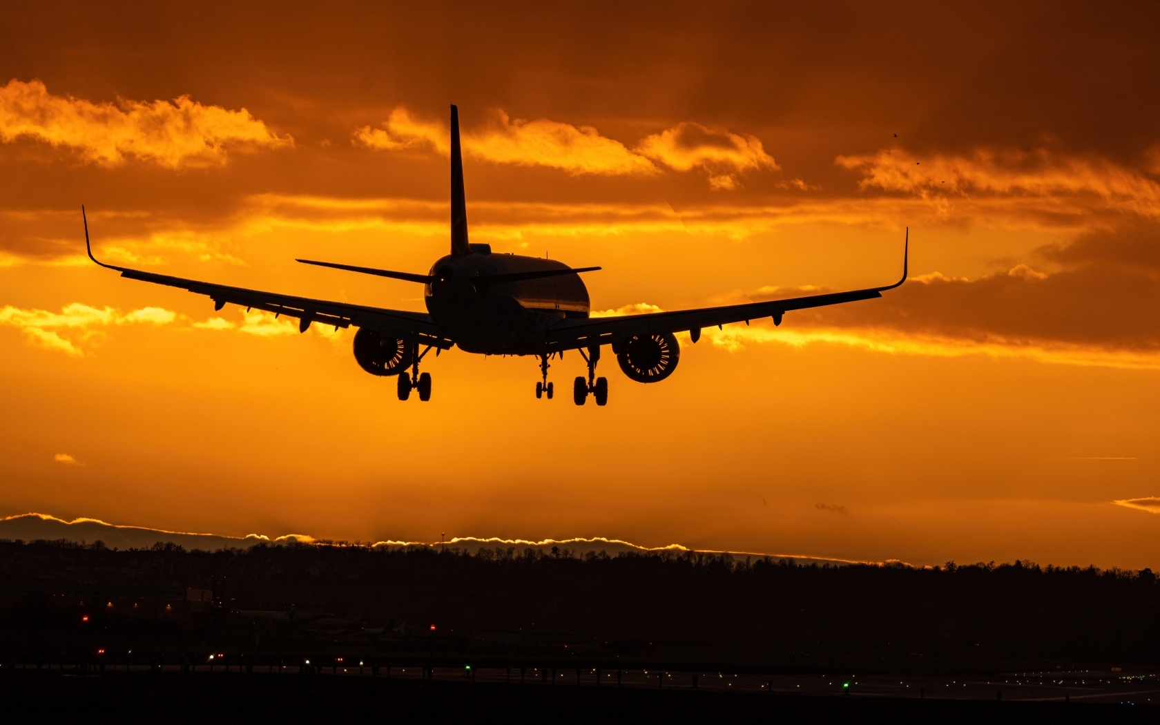 The plane is landing at sunset