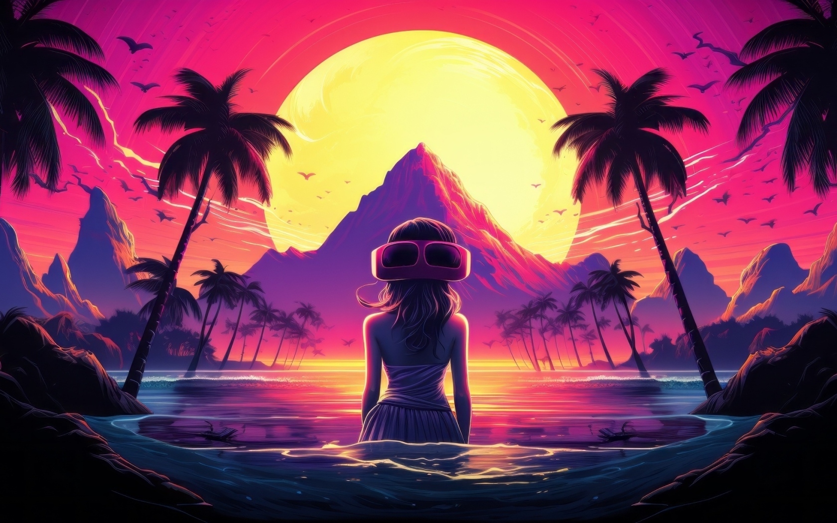 Девушка стоит в воде на фоне луны