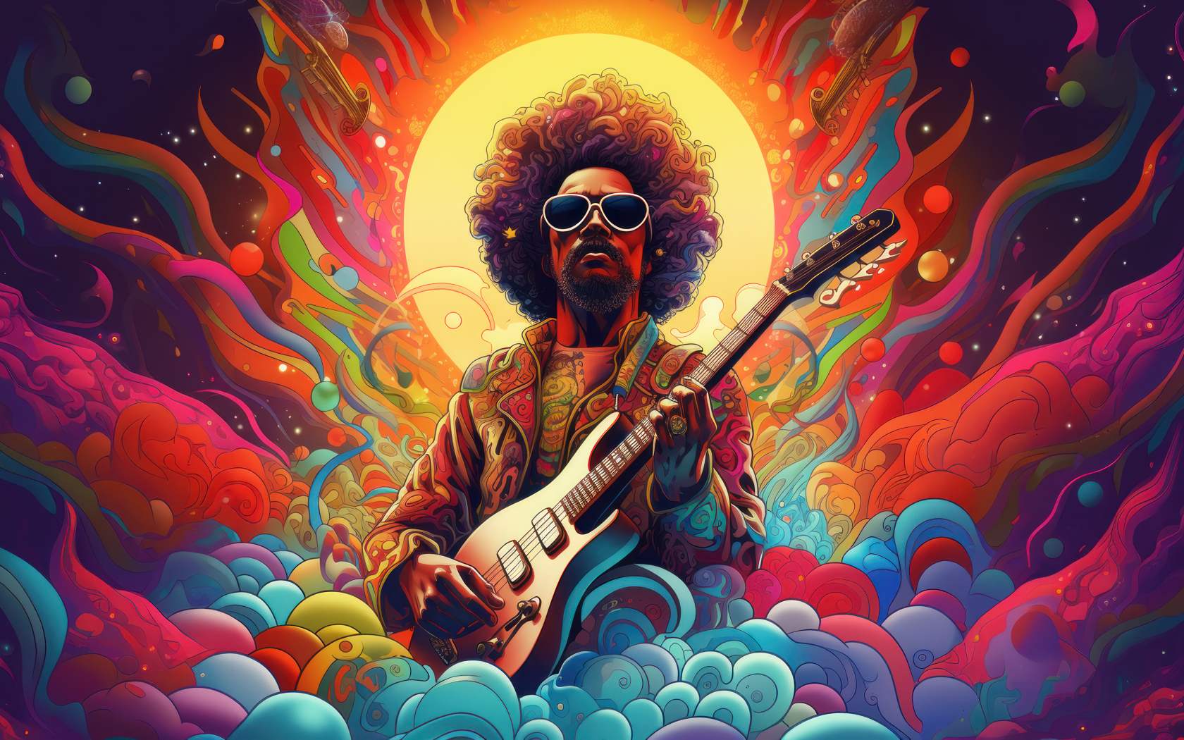 Нарисованный мужчина гитарист на разноцветном фоне