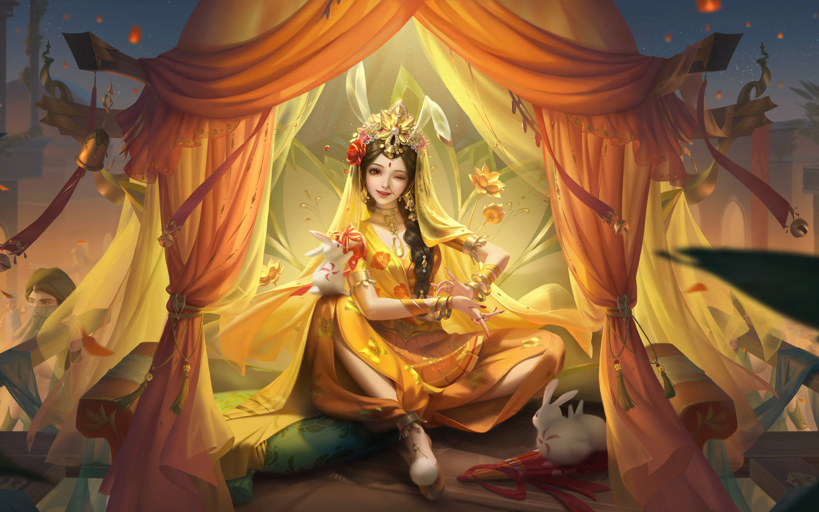 Фантастическая девушка азиатка сидит в шатре