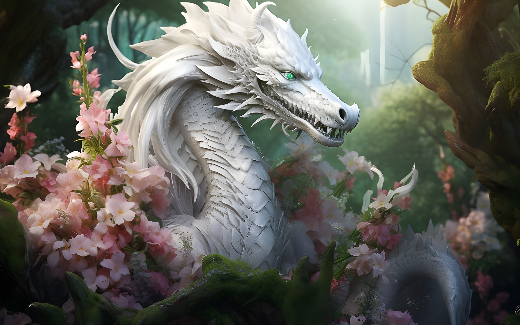 Фантастический белый дракон в розовых цветах