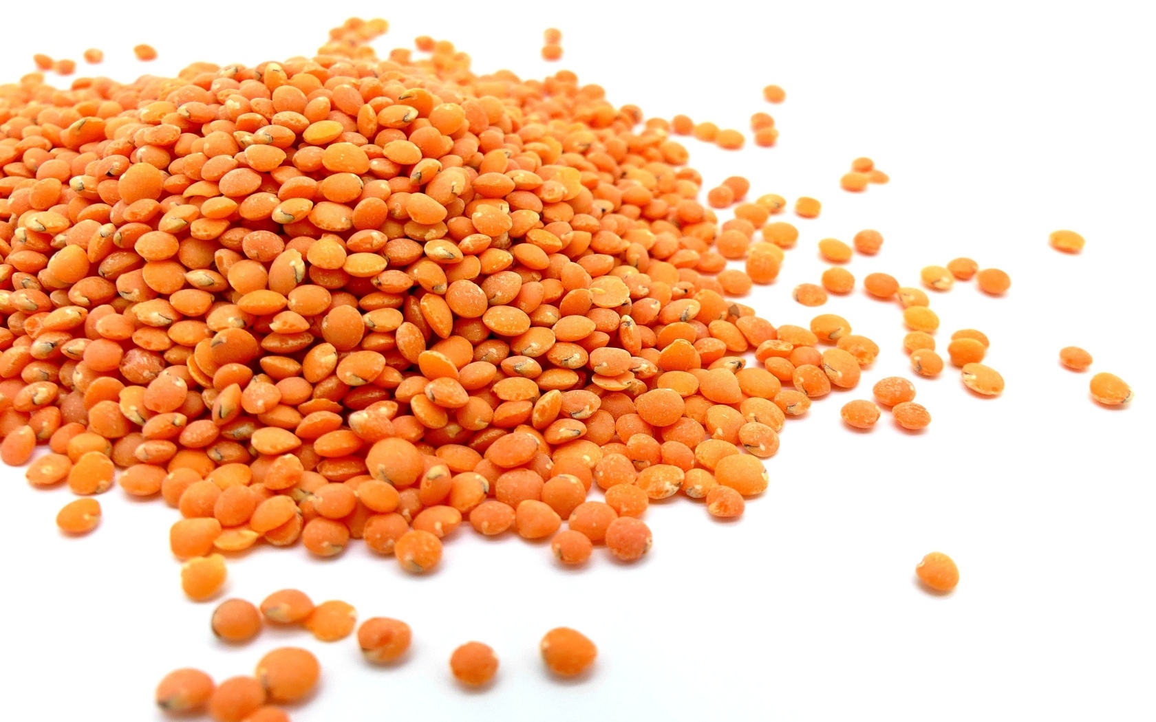 Оранжевая чечевица на белом фоне