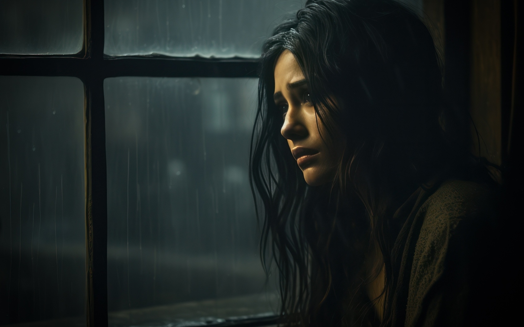 Грустная девушка сидит у окна 