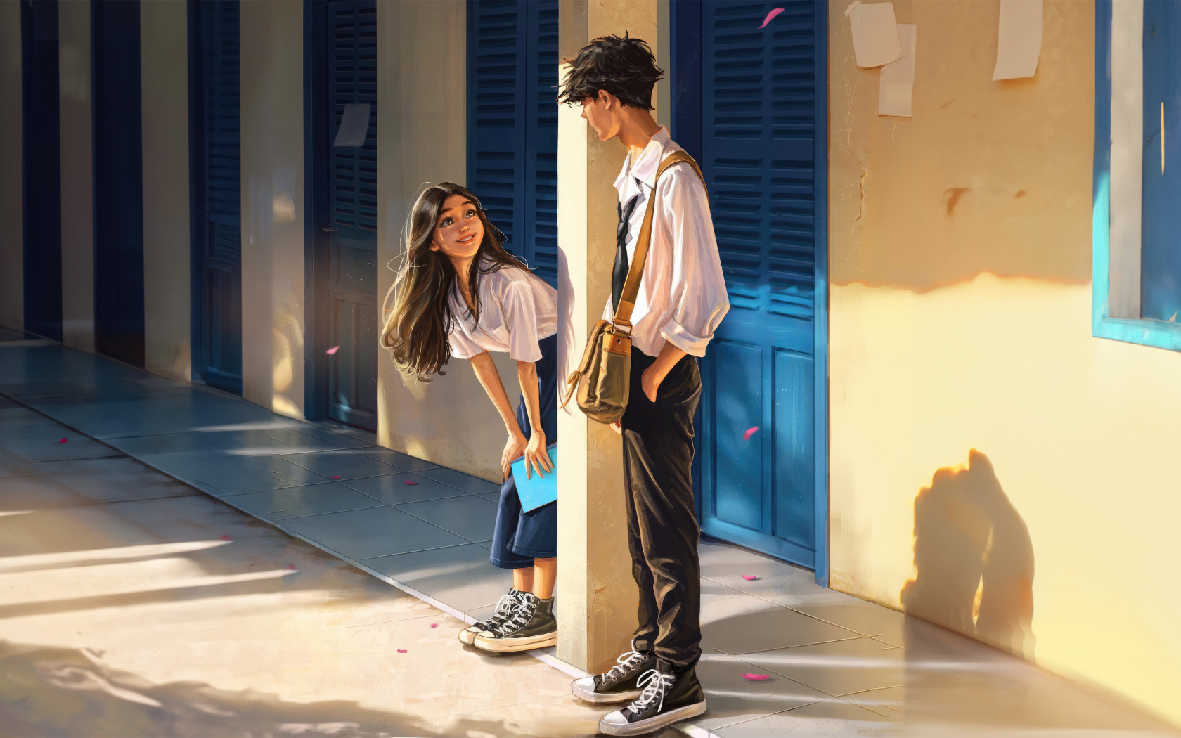 Влюбленная пара студентов к коридоре