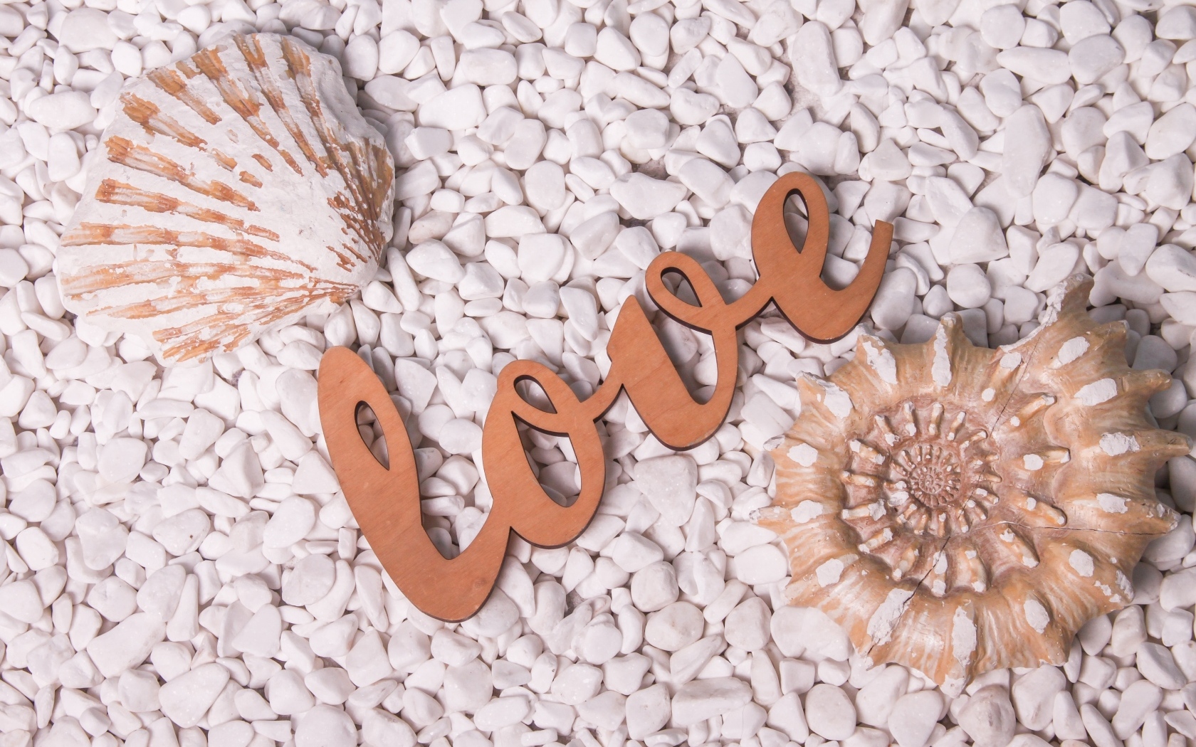 Ракушки и надпись любовь на белых камнях