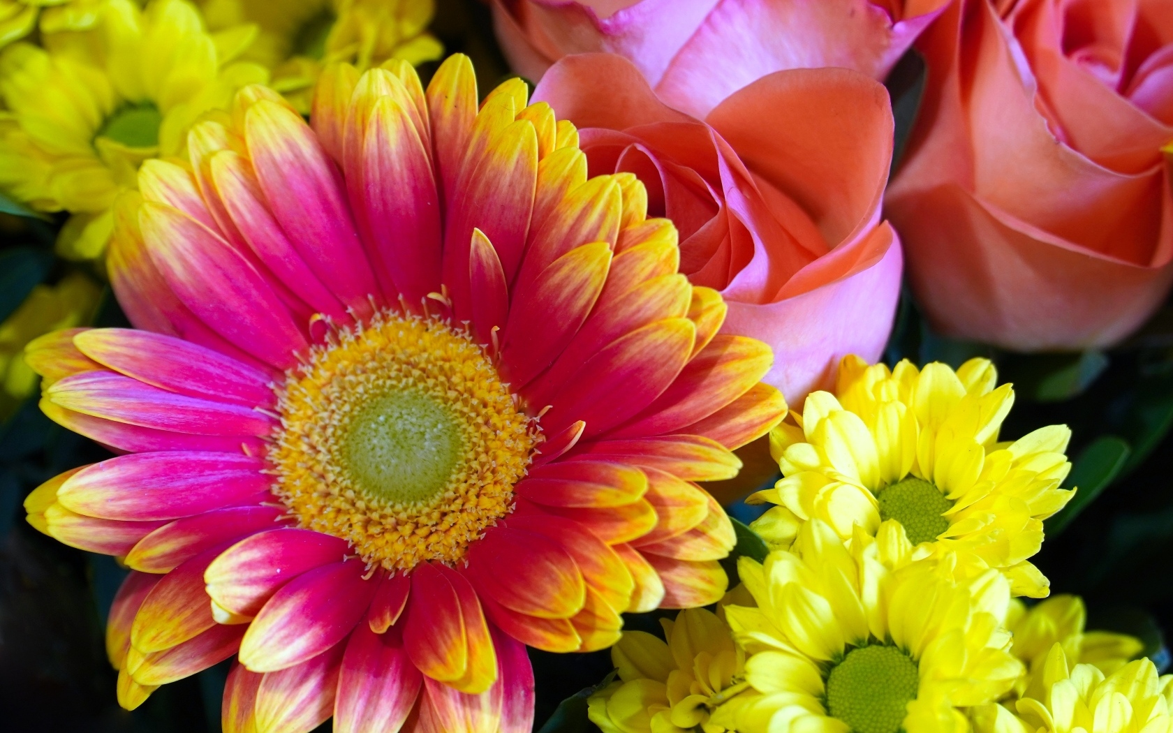 Красивый букет из цветов хризантемы и розы