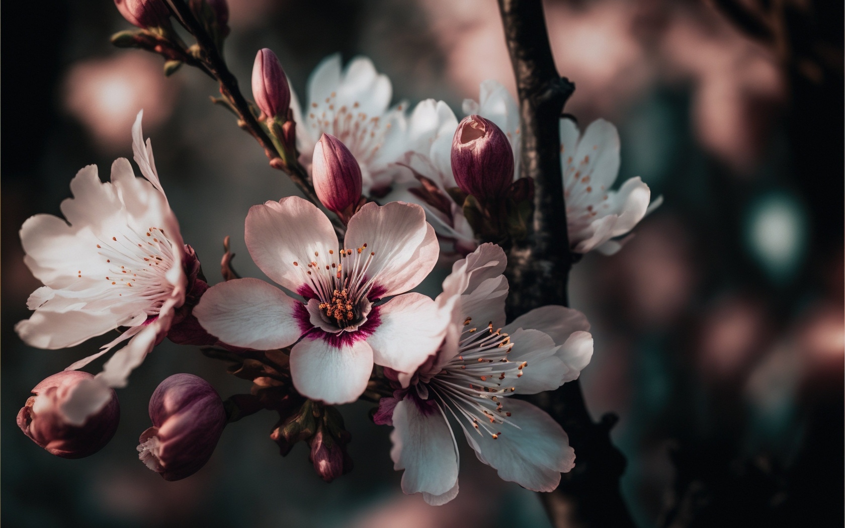 Розовые цветы персика на ветке весной