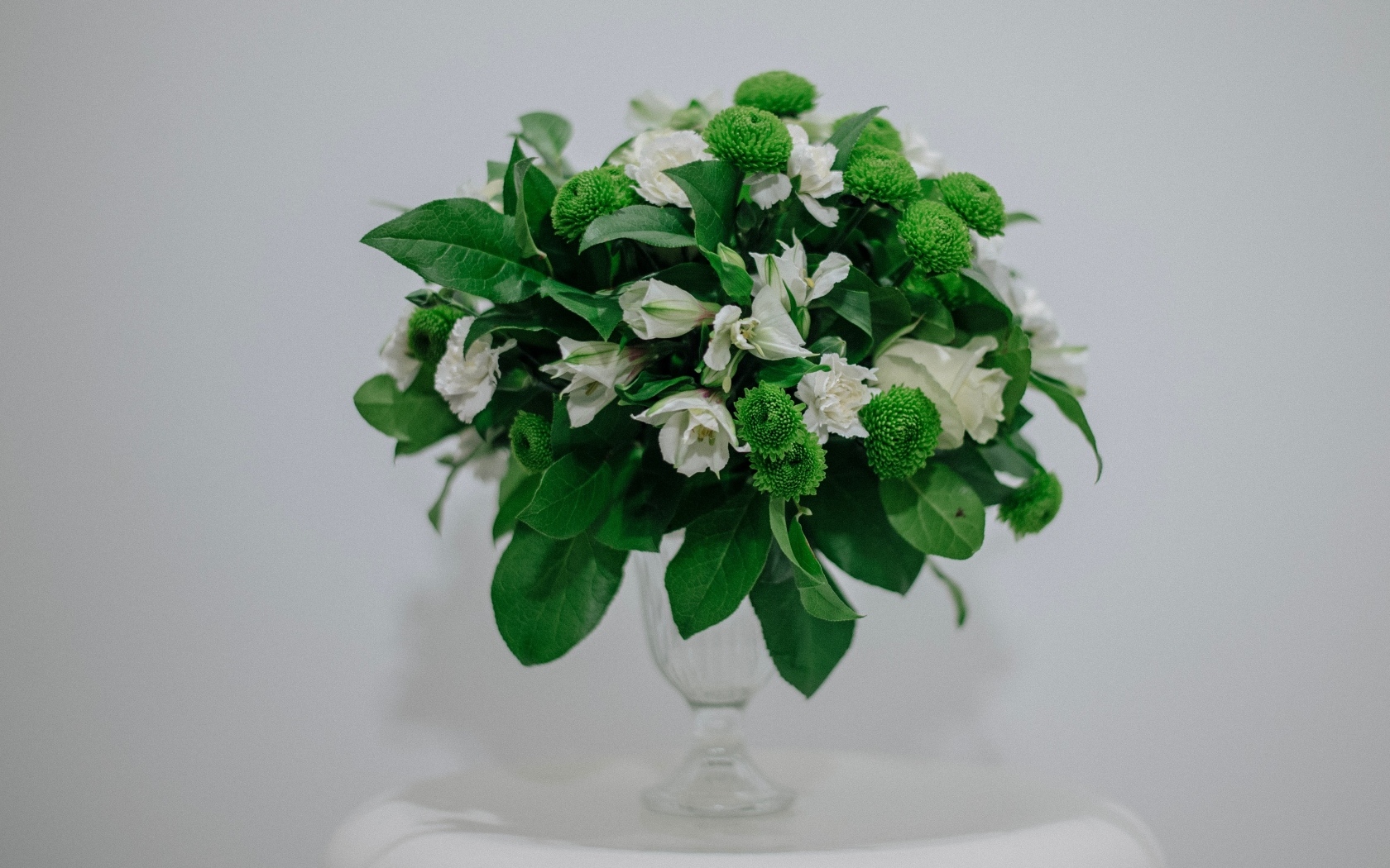 Белый букет с зелеными листьями на сером фоне