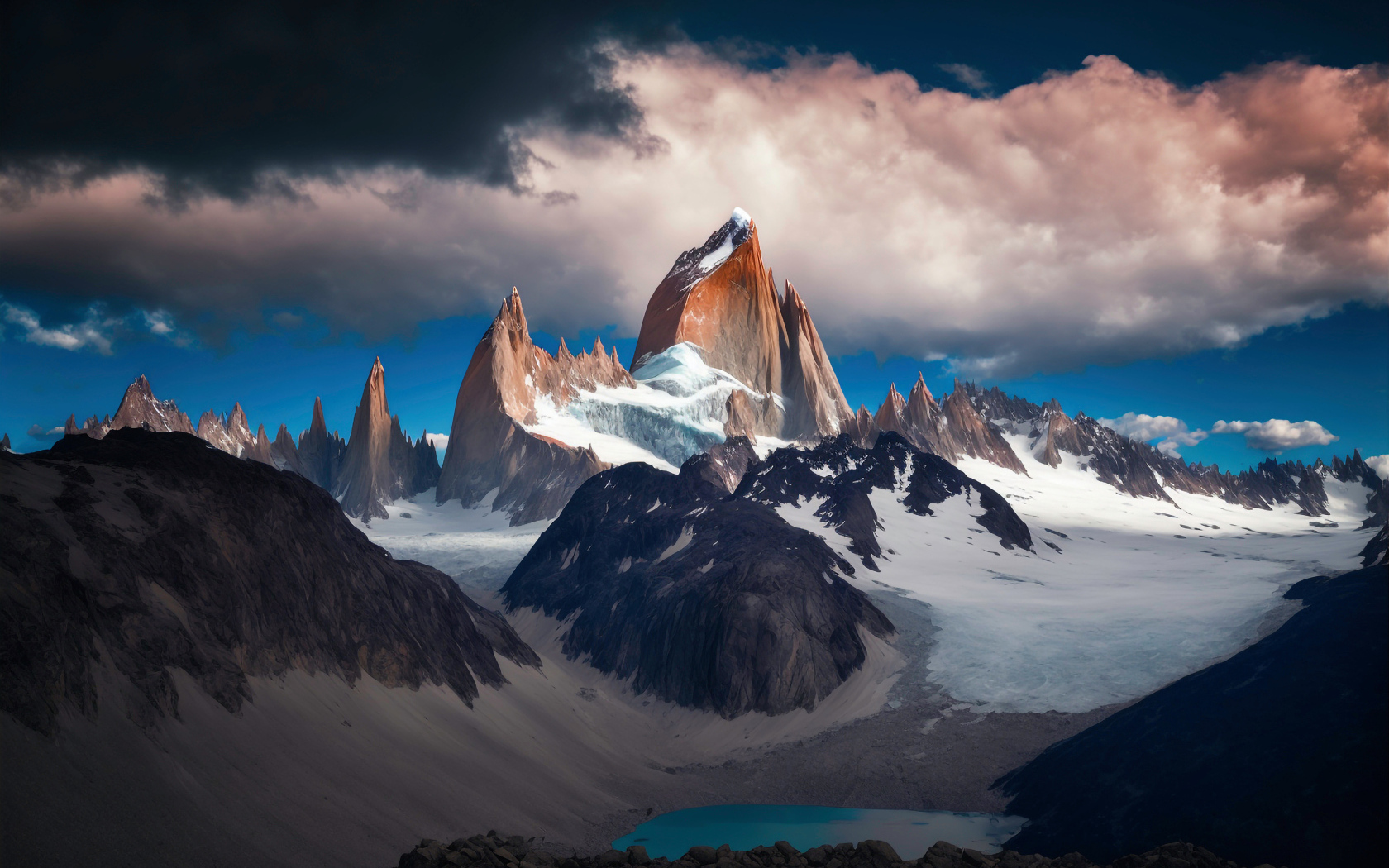 Острые вершины скалы под грозовым небом