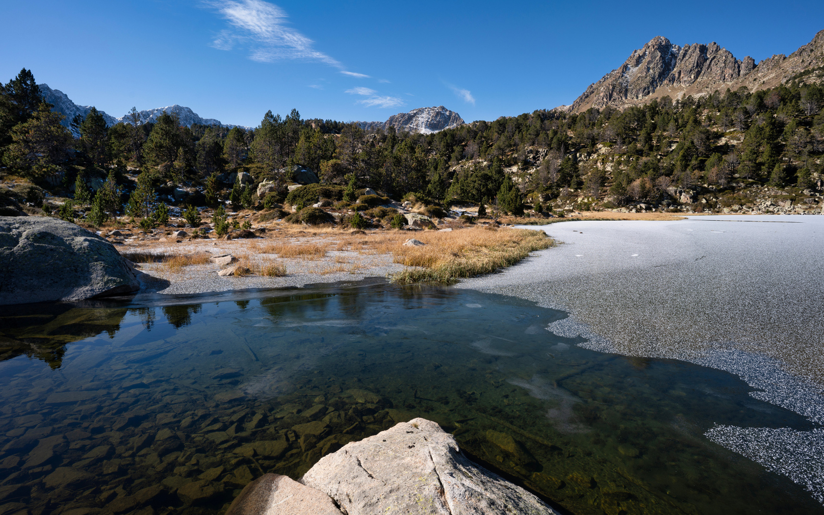 Покрытое льдом холодное горное озеро под голубым небом