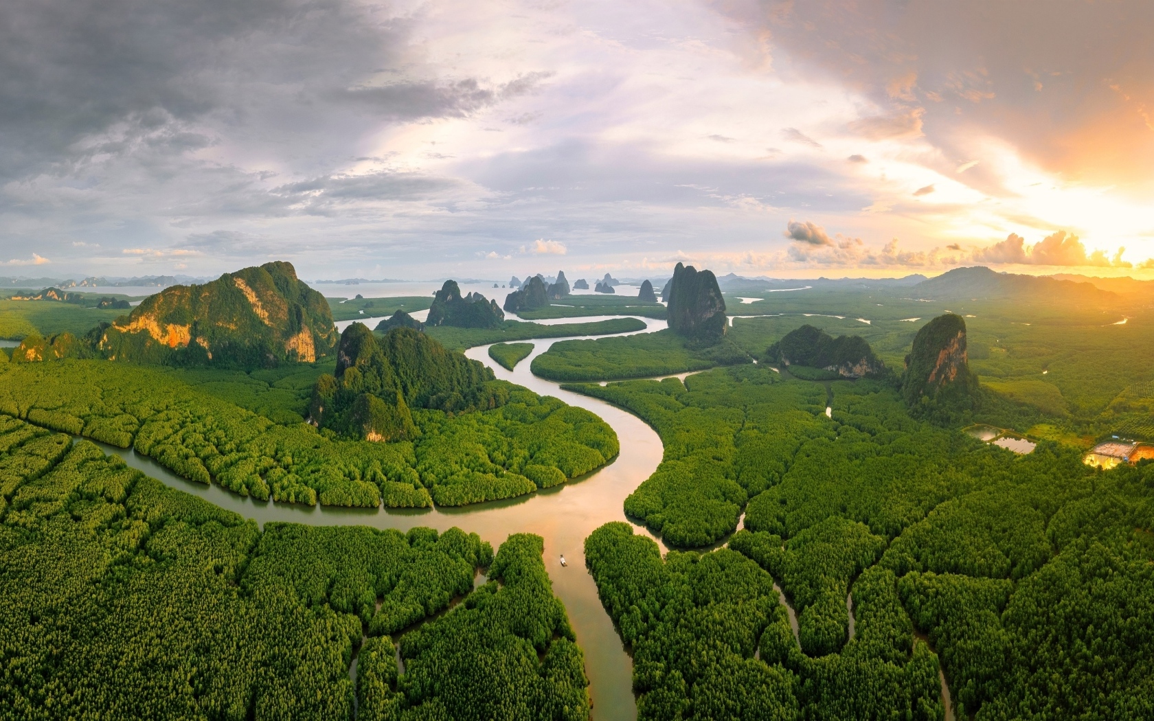 Вид на реку и зеленые заросли леса на закате