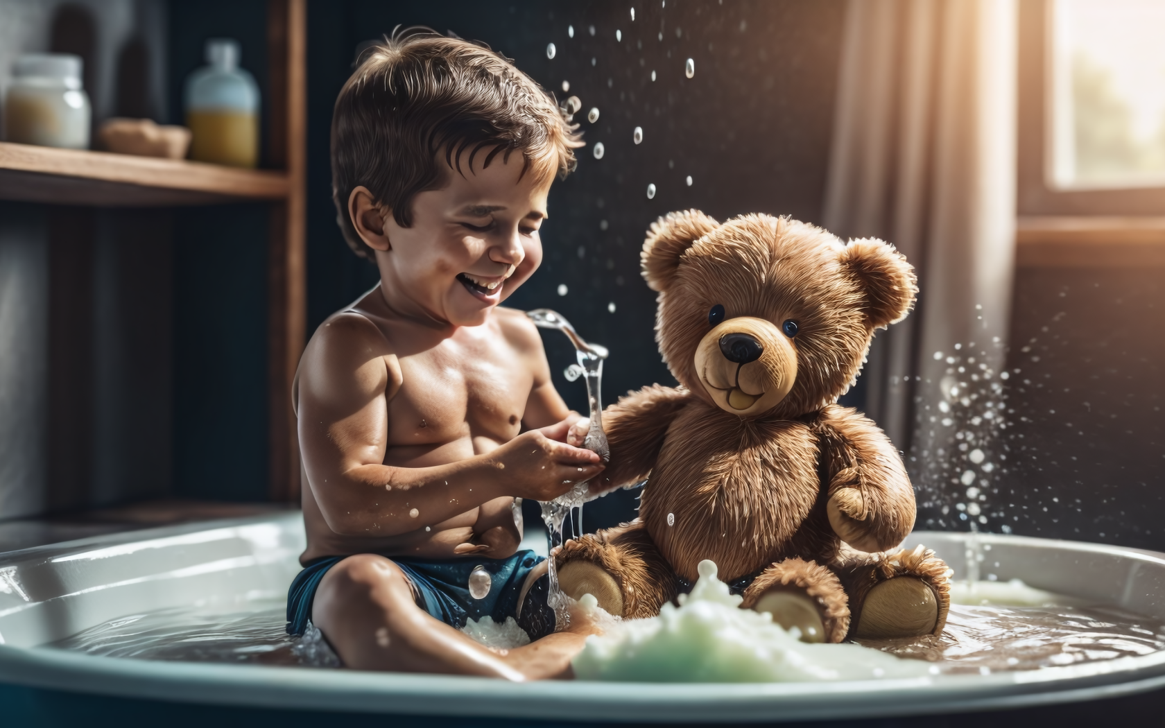 Маленький мальчик купается с игрушкой