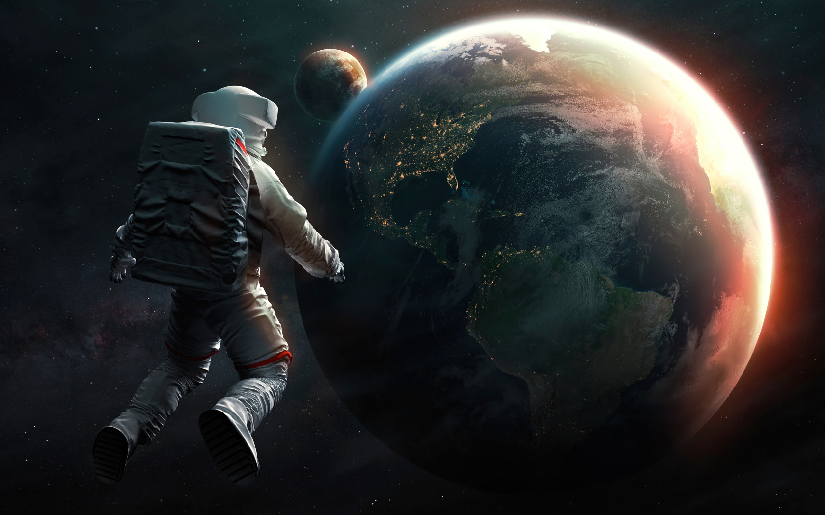 Астронавт смотрит на планету Земля из космоса