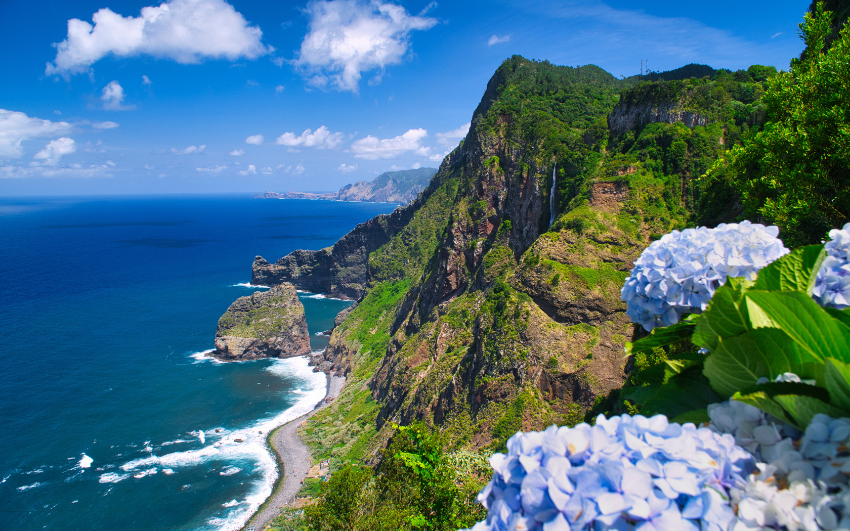 Высокий утес на берегу моря, остров Мадейра. Португалия