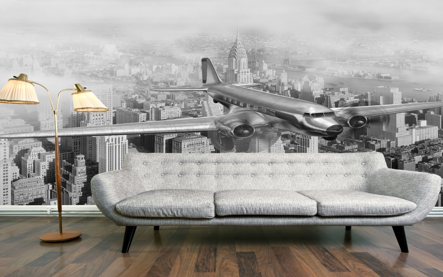 Диван в комнате с фотообоями