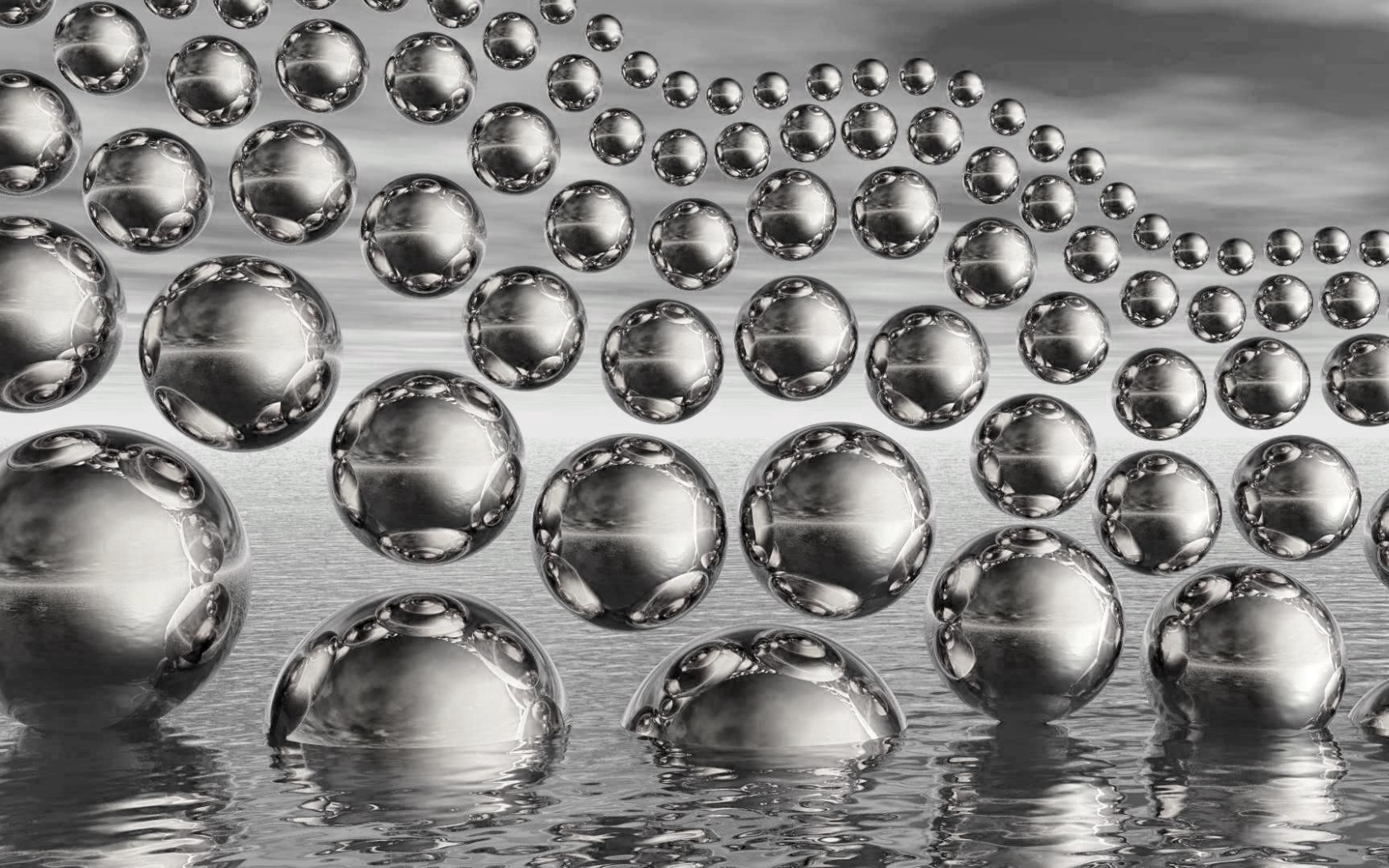 Много стеклянных 3д шаров в полете на сером фоне