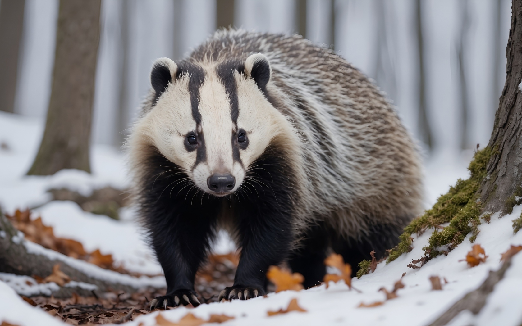 Большой барсук в заснеженном лесу
