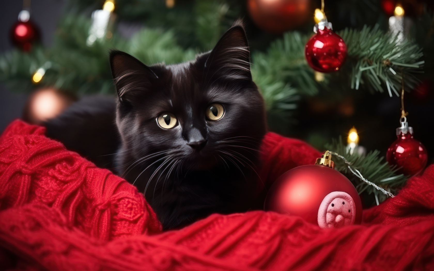 Черный кот с игрушками у новогодней ели