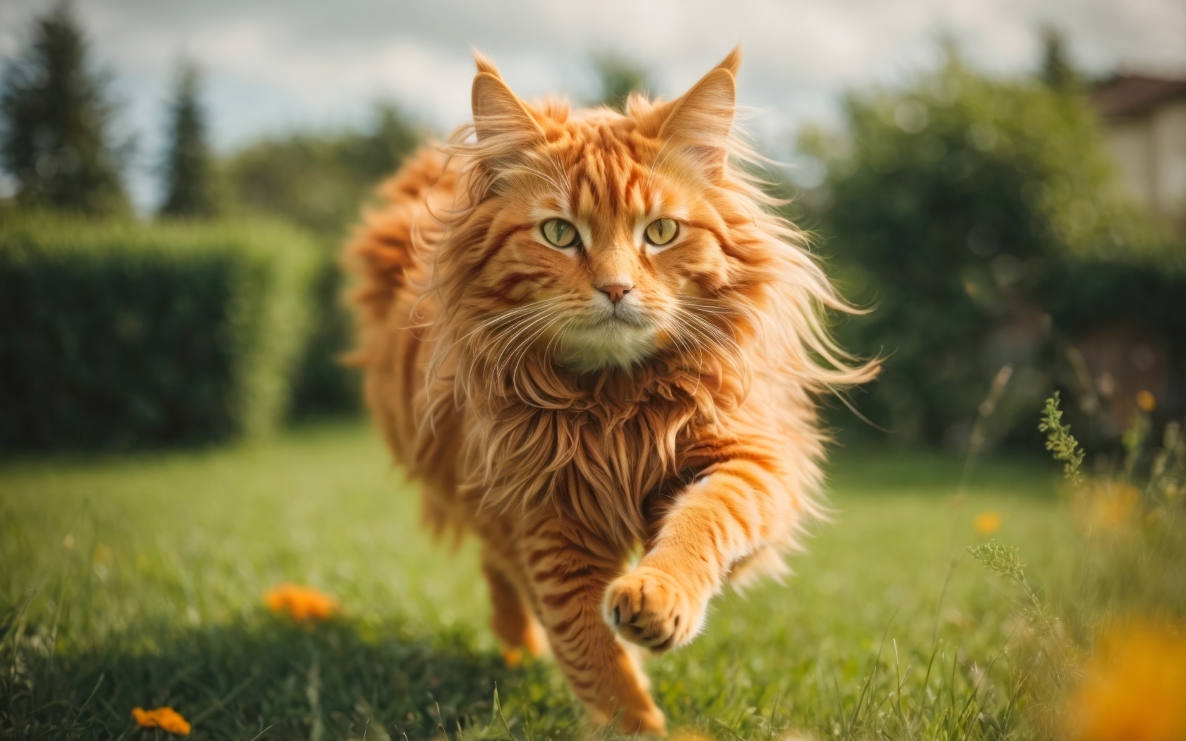 Пушистый рыжий кот бежит по зеленой траве