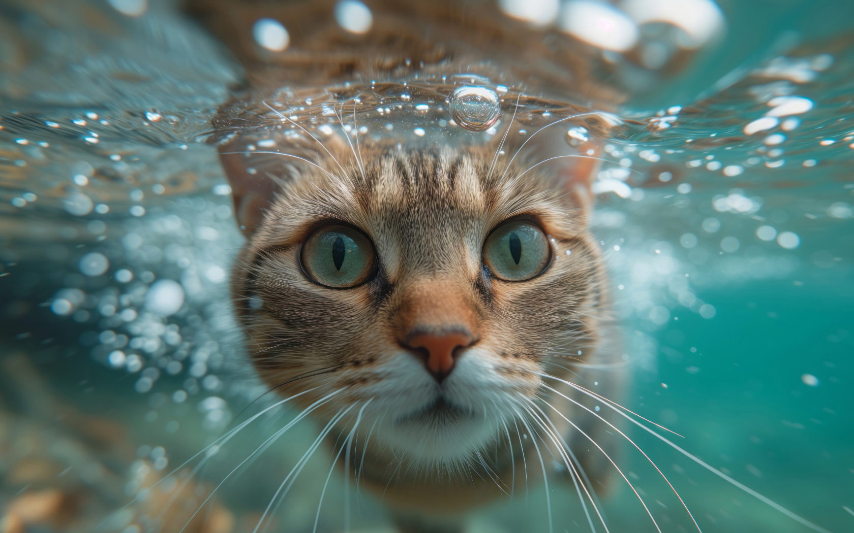 Зеленоглазый кот под водой