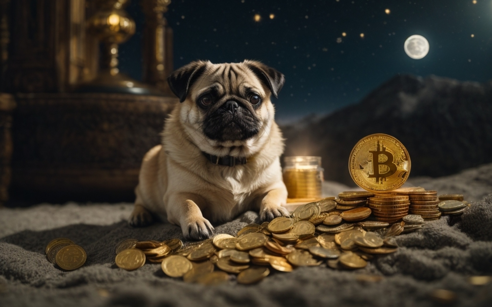 Мопс с золотыми монетами на песке
