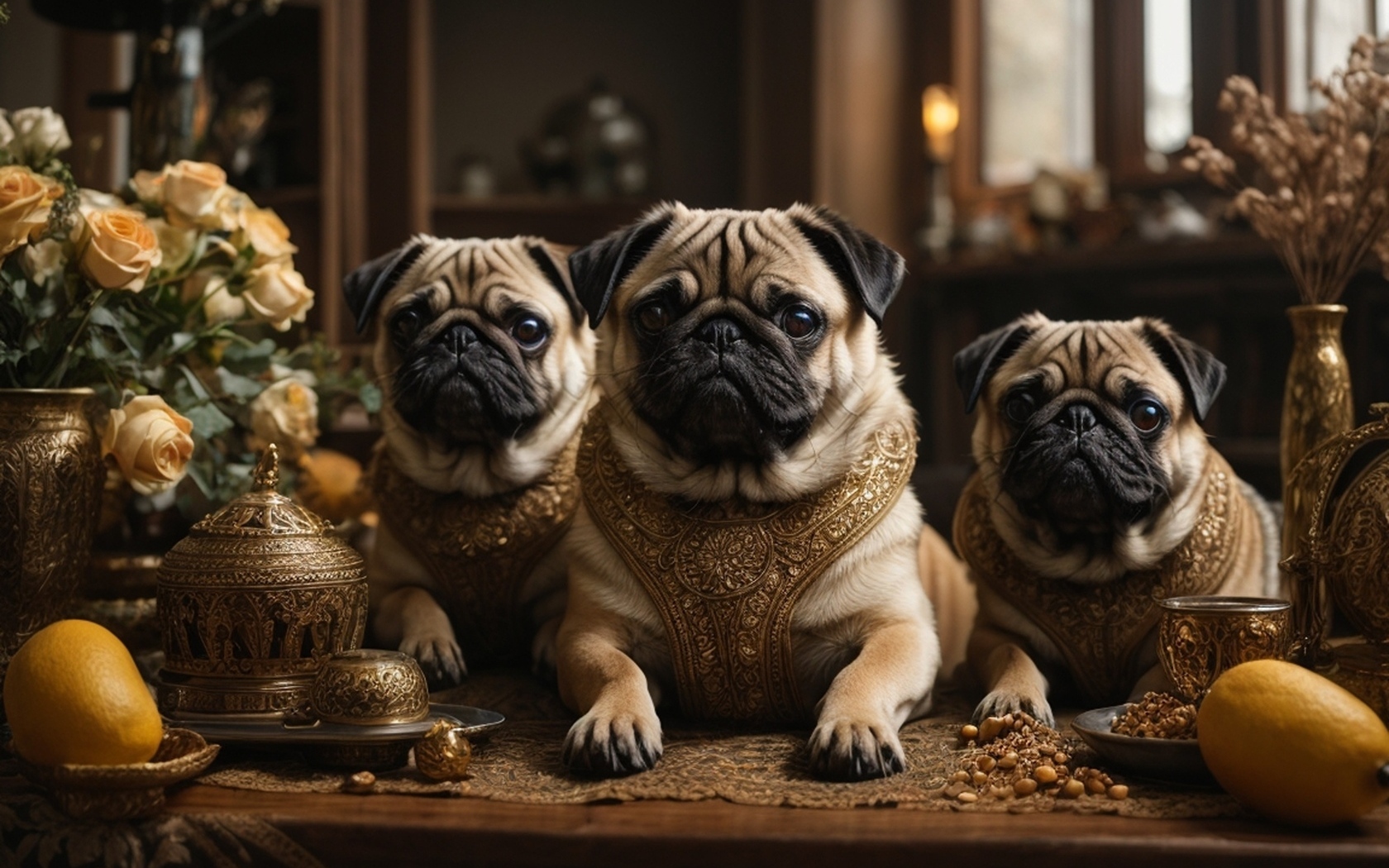 Три мопса в комнате за столом