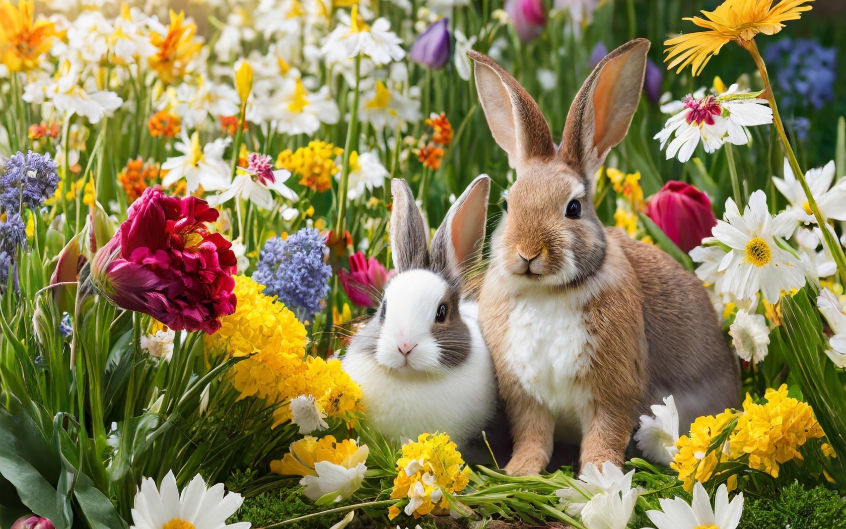 Два декоративных кролика в цветах