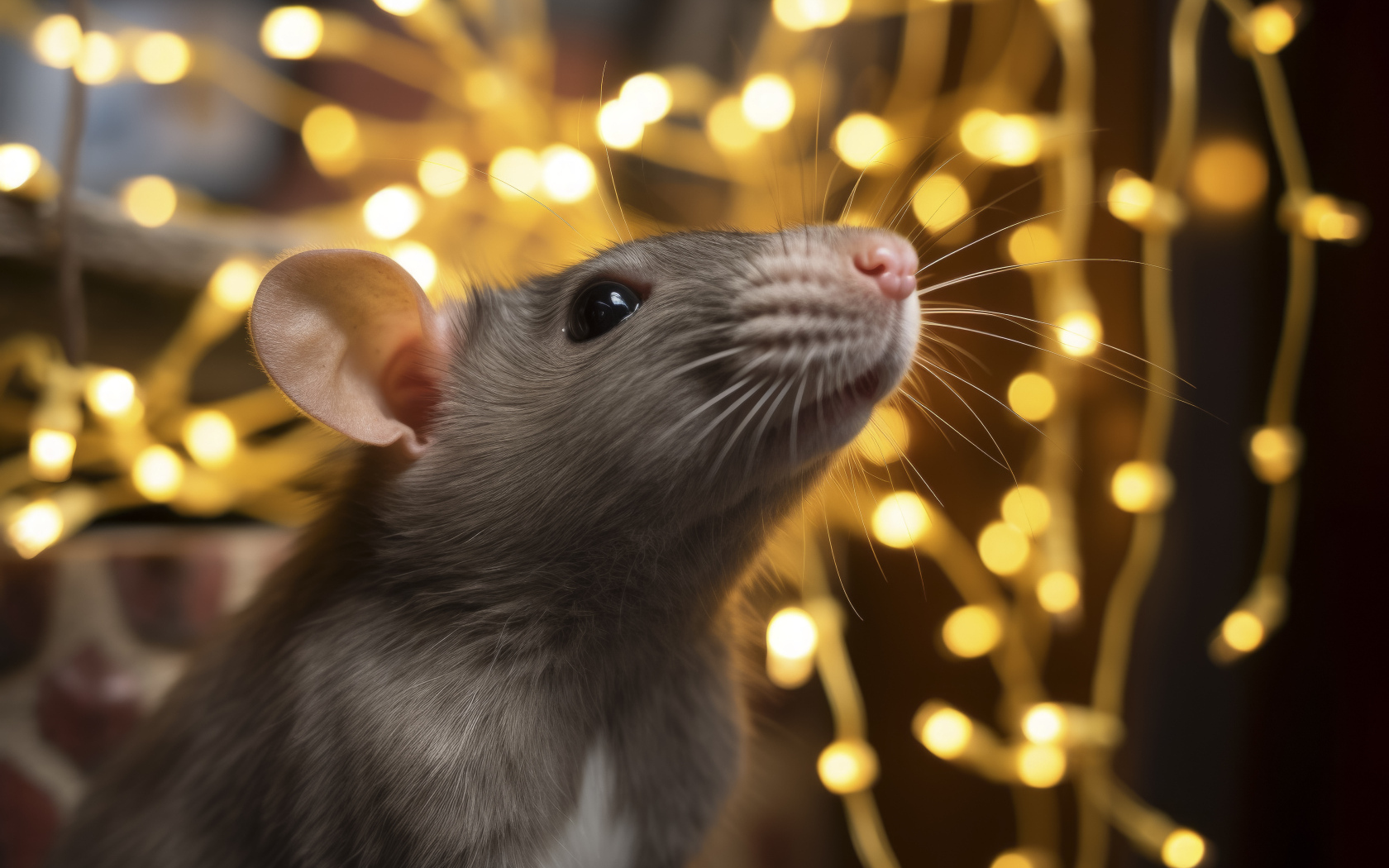 Серая крыса на фоне гирлянды