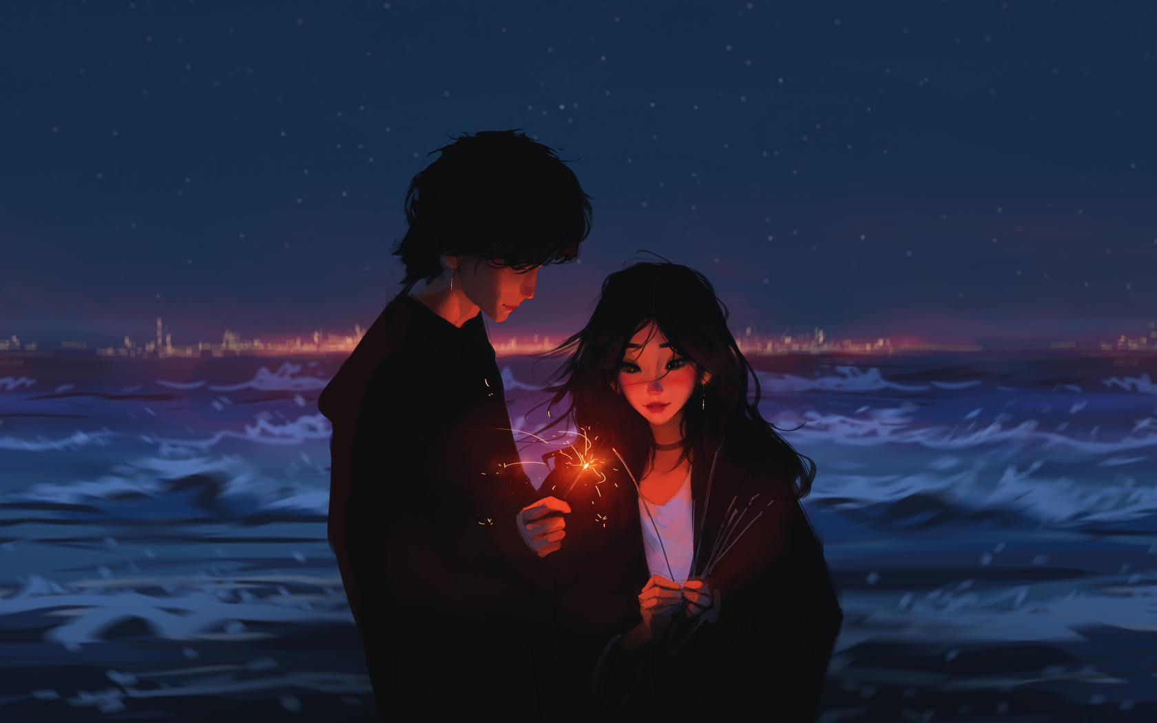 Пара аниме с бенгальскими огнями у воды