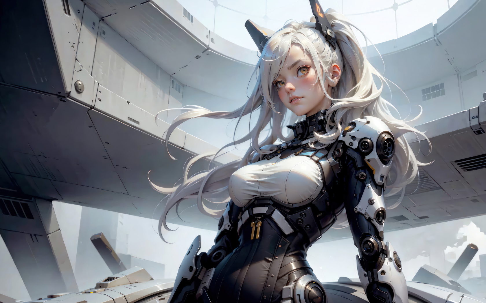 Девушка аниме в костюме на космическом корабле