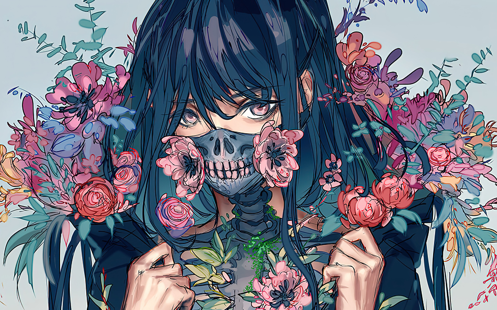 Девушка аниме в цветах с маской на лице