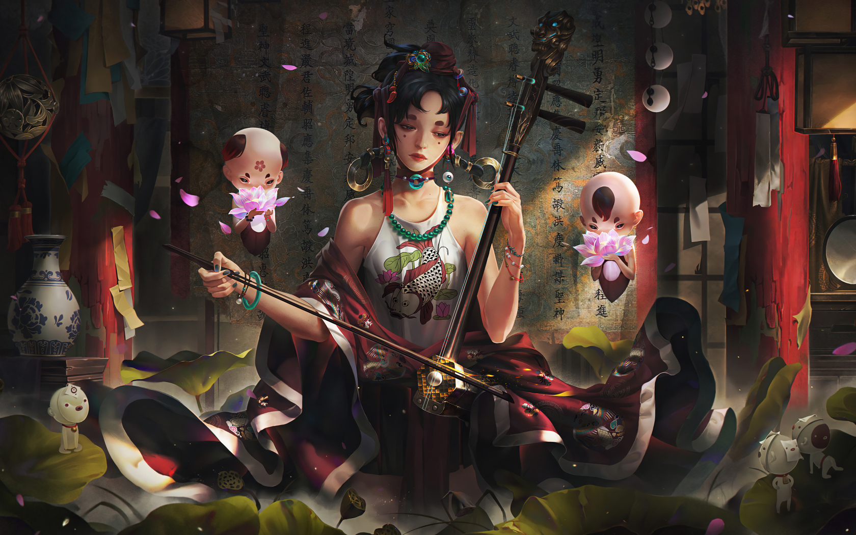 Девушка аниме играет на музыкальном инструменте