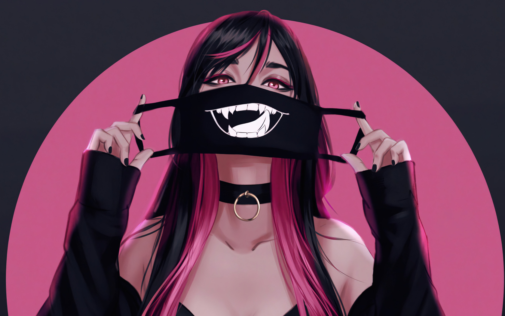 Девушка аниме с черной смешной маской на лице