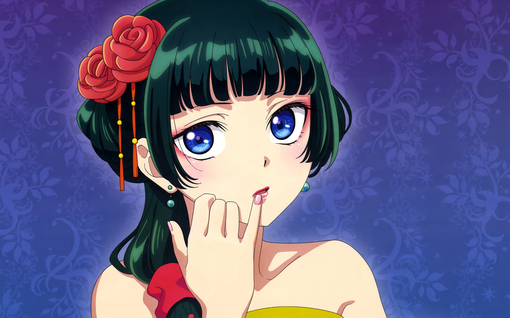 Девушка аниме с большими голубыми глазами на синем фоне