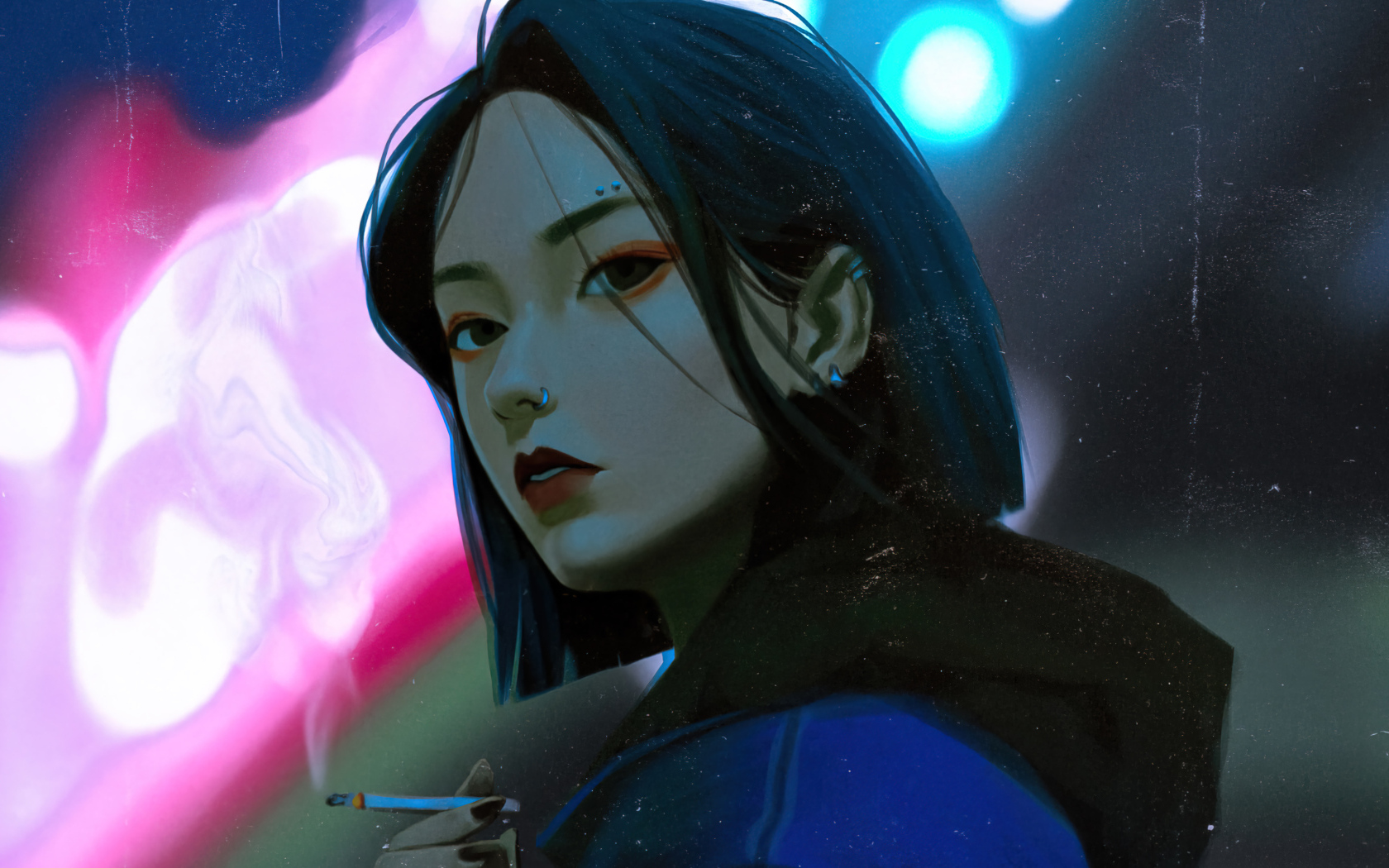 Девушка аниме с черными глазами с сигаретой в руках