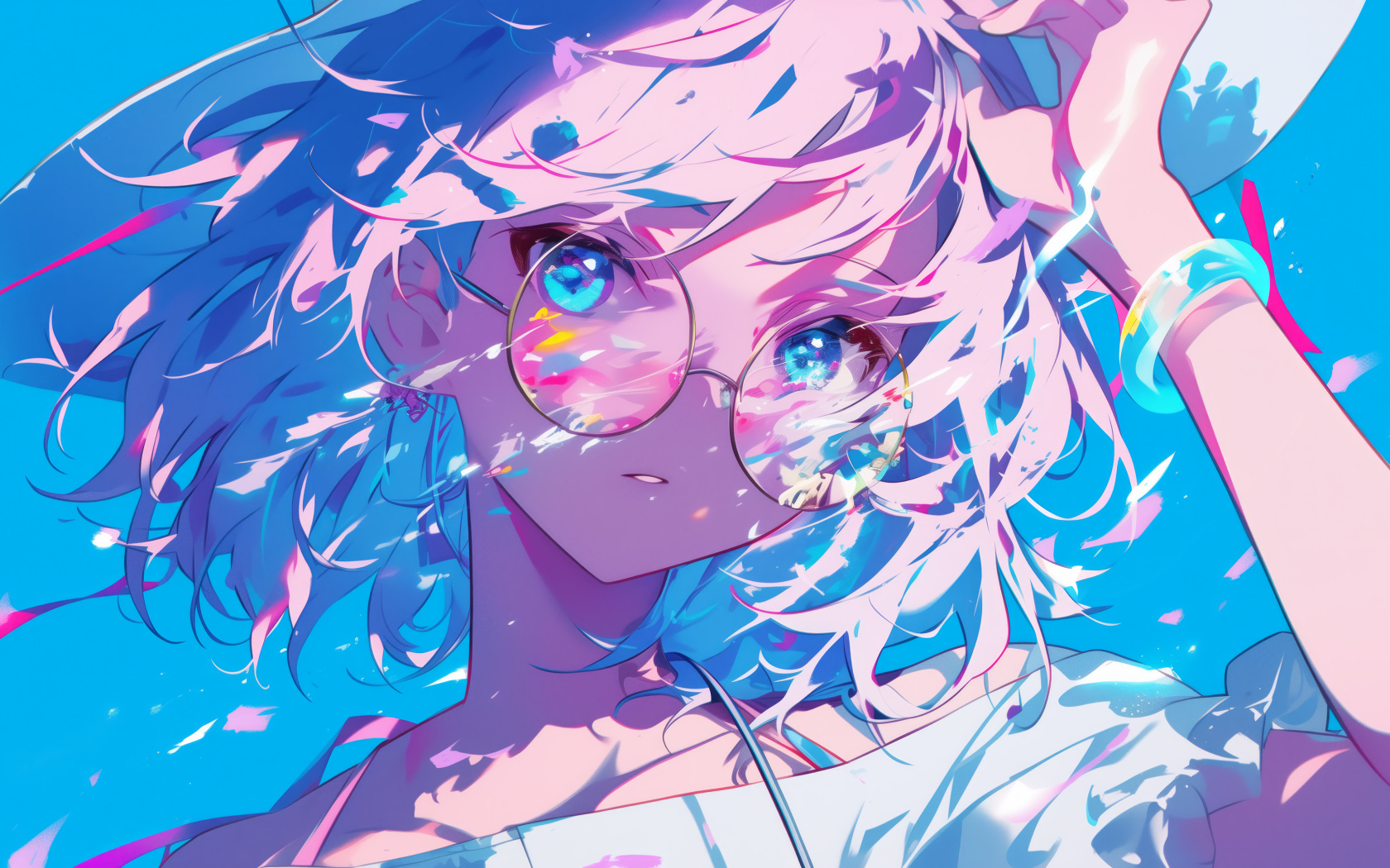 Аниме девушка в очках в лучах солнца на голубом фоне