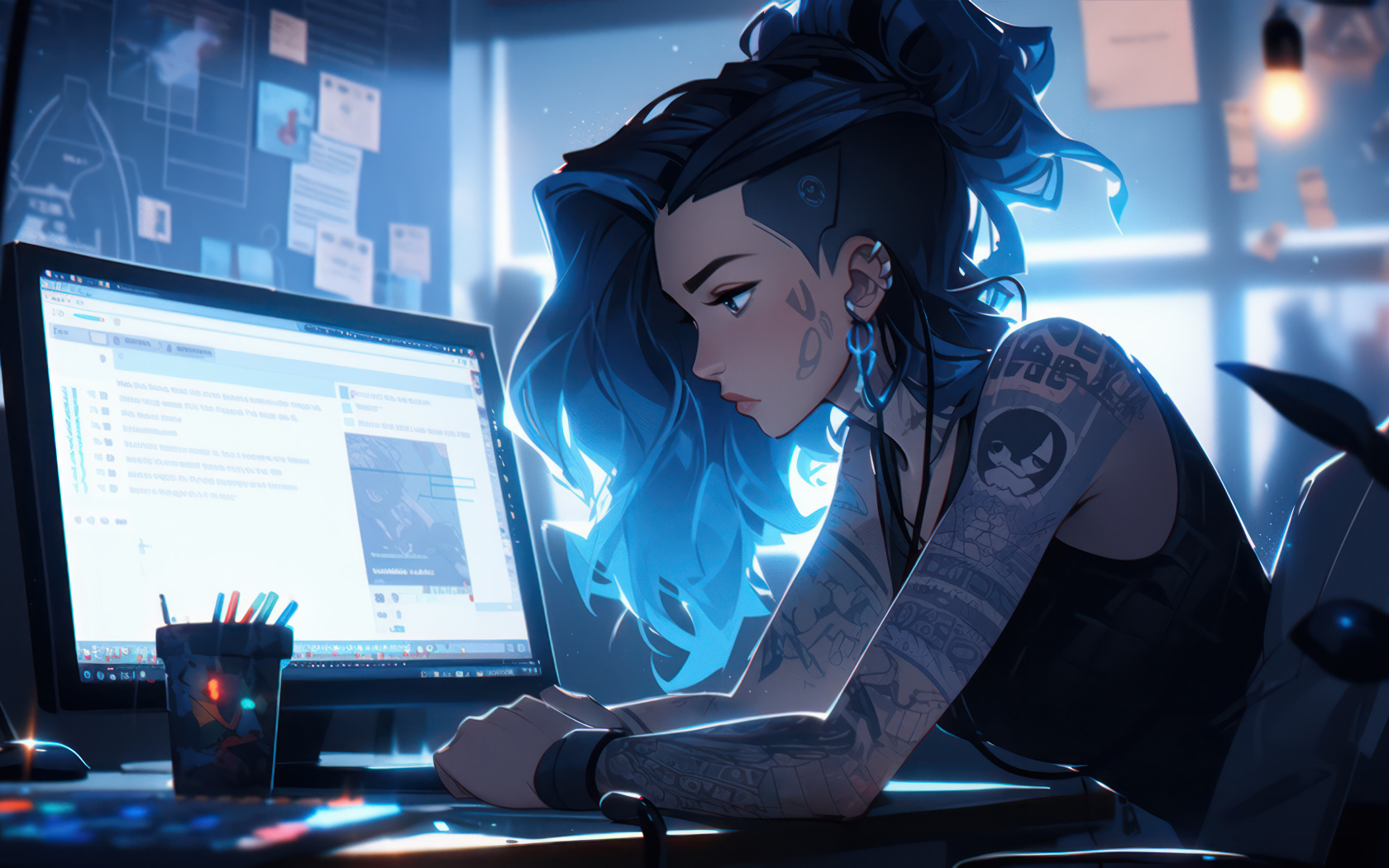 Девушка аниме с татуировками сидит за компьютером