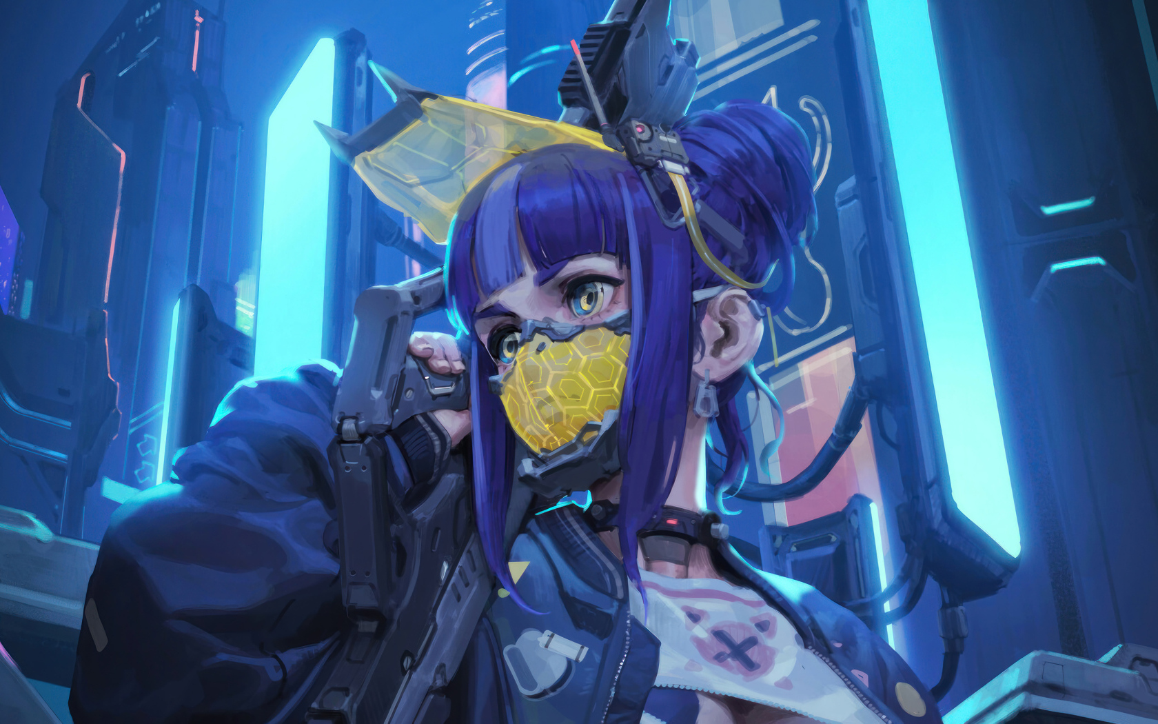 Девушка аниме солдат с маской на лице