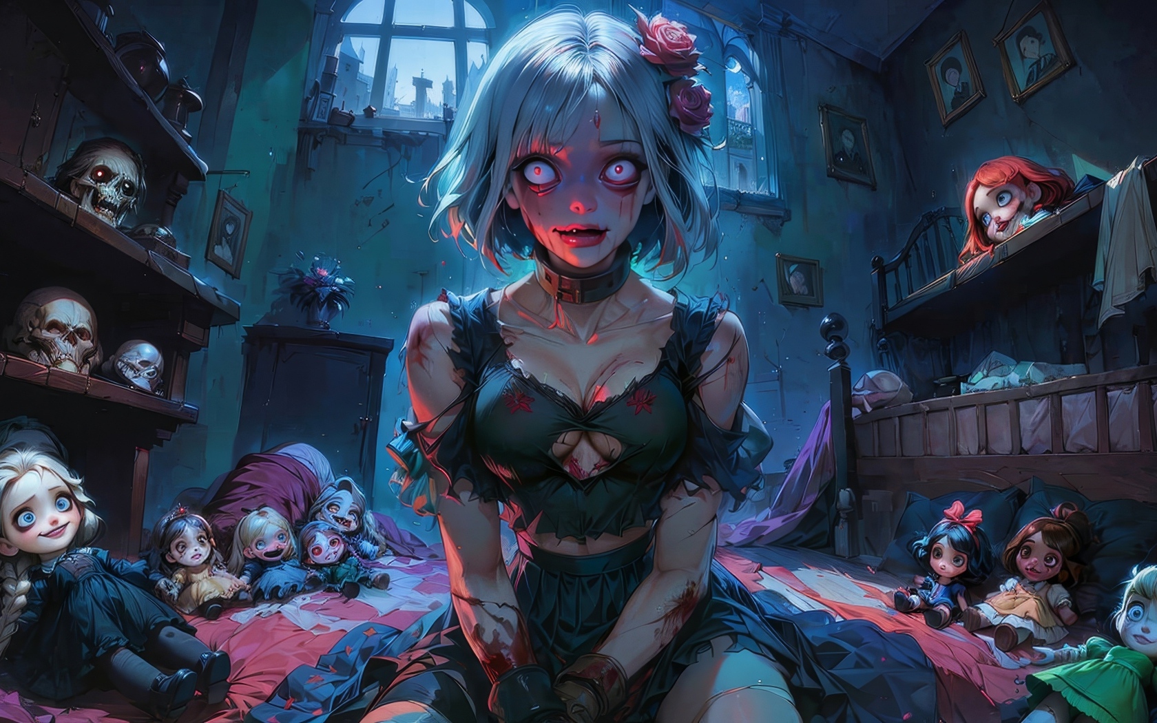 Девушка аниме зомби в комнате с куклами