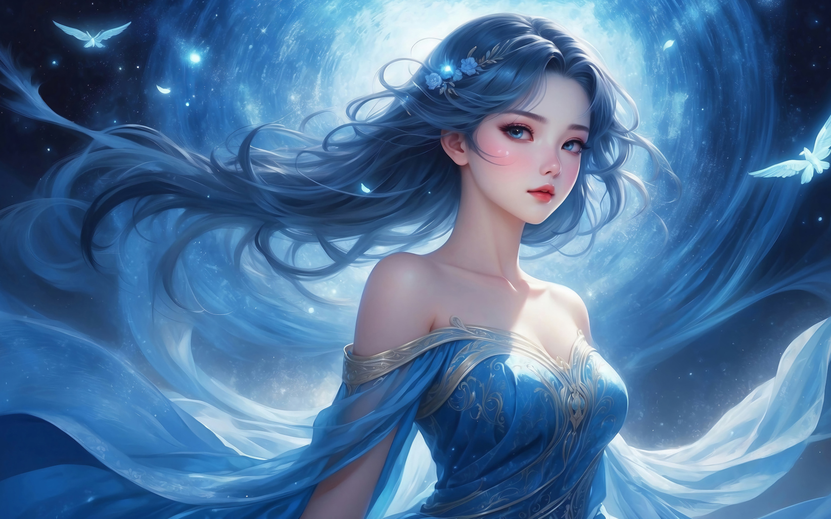Красивая девушка аниме на фоне лунного сияния