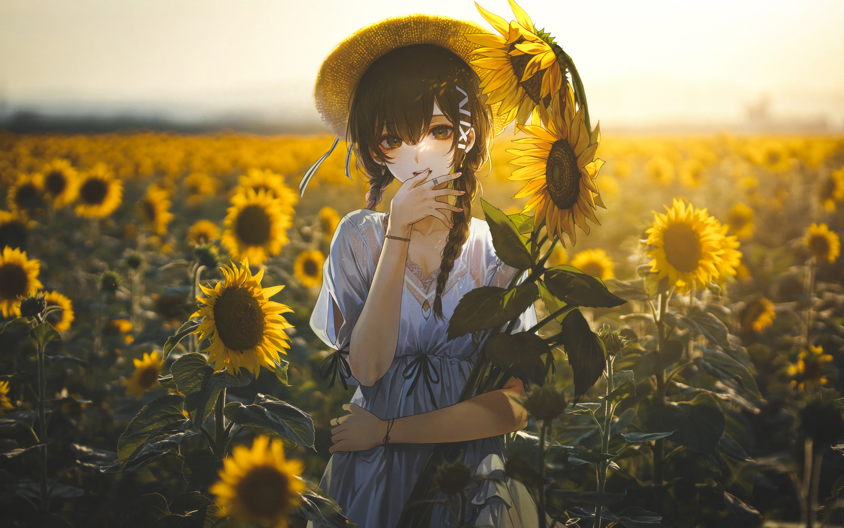 Милая девушка аниме на поле с подсолнухами