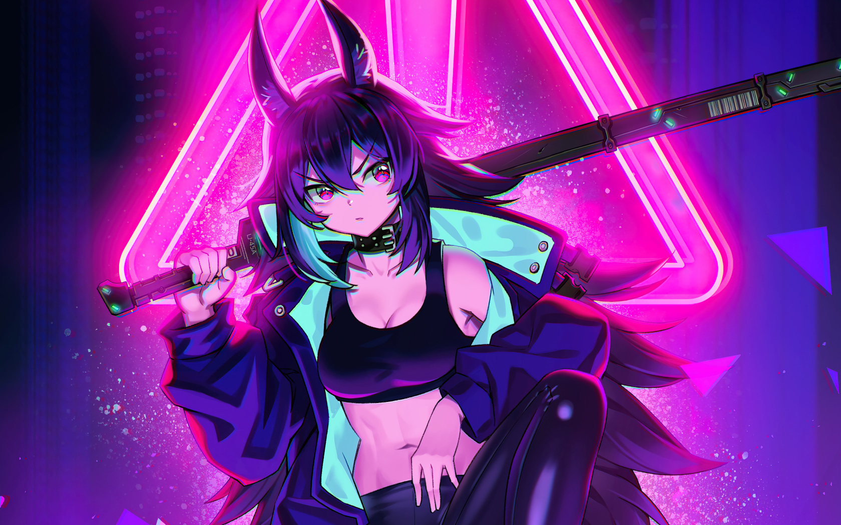 Девушка аниме cyberpunk с катаной в руках
