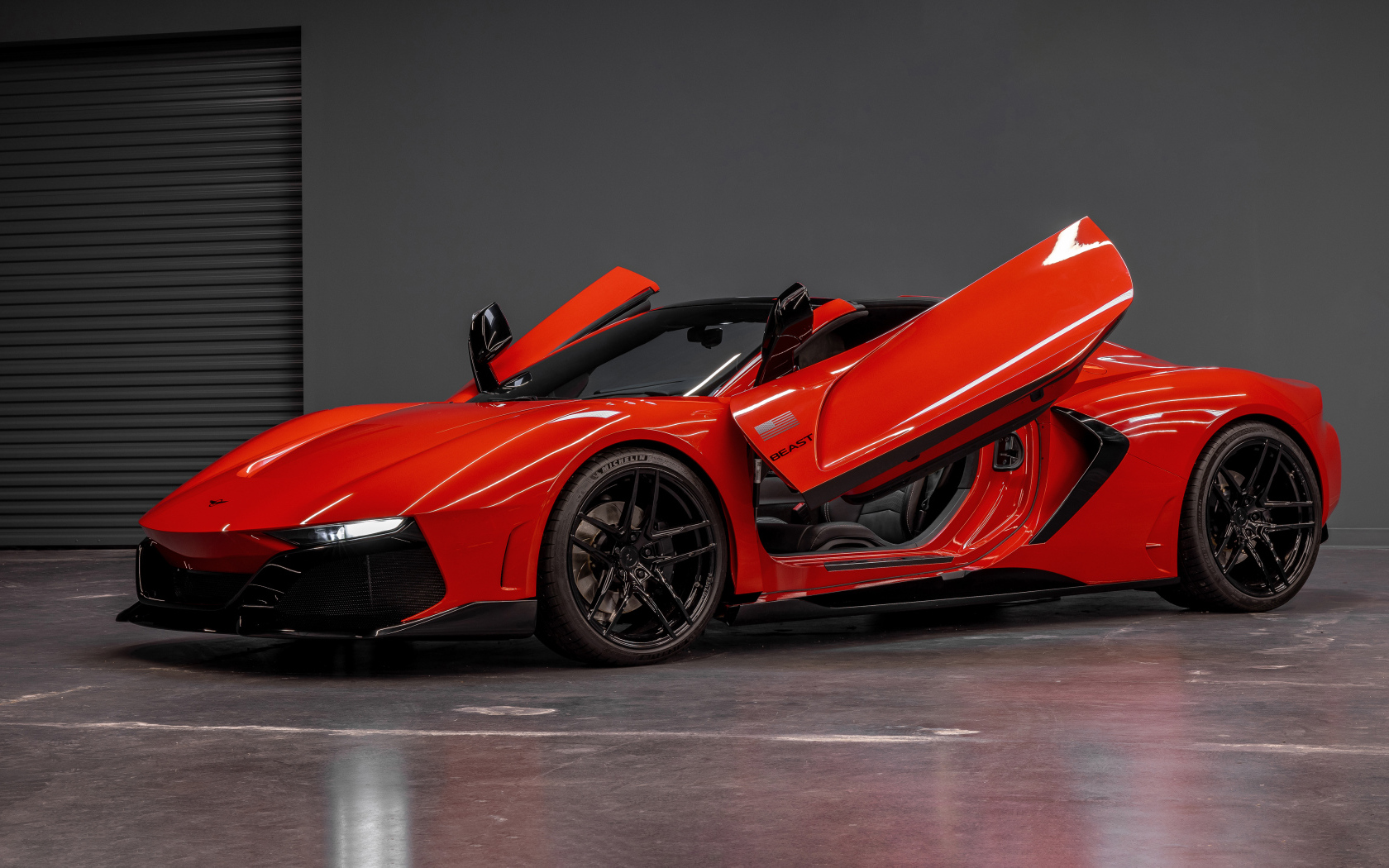 Красный автомобиль  Rezvani Beast 2024 года с открытыми дверями