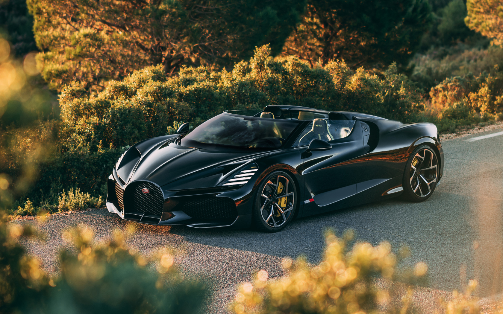 Черный быстрый автомобиль Bugatti W16 Mistral