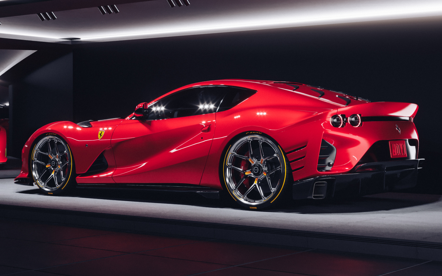 Красный быстрый автомобиль Ferrari 812 Competizione вид сзади