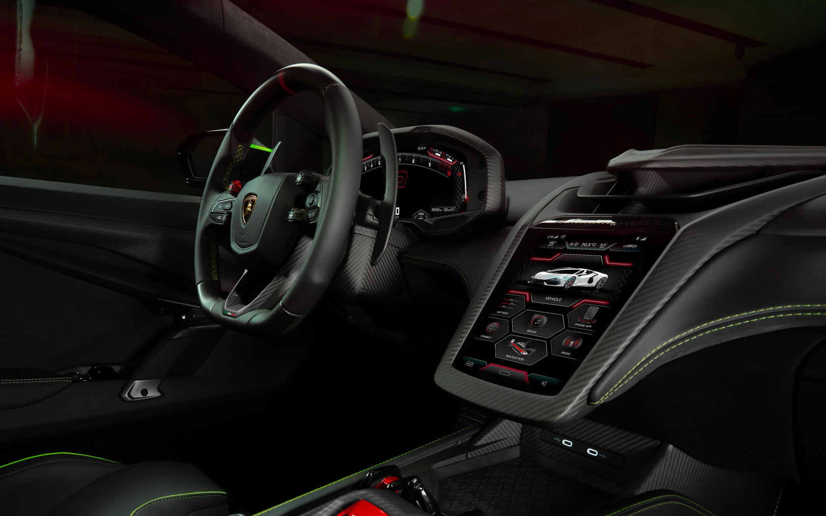 Черный салон автомобиля Lamborghini Revuelto At Lamborghini Arena 2024  года